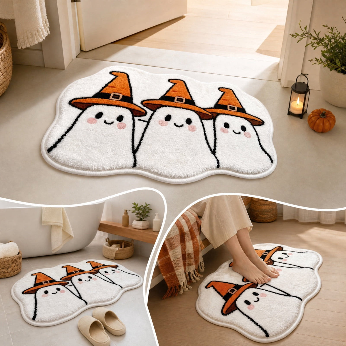Halloween Doormat Ghost Bath Mat 23.6x15.7in Secure-Grip Absorbent Soft Faux Fur Rug for Bathroom Bedroom Living Room Decor by OVFUIZ