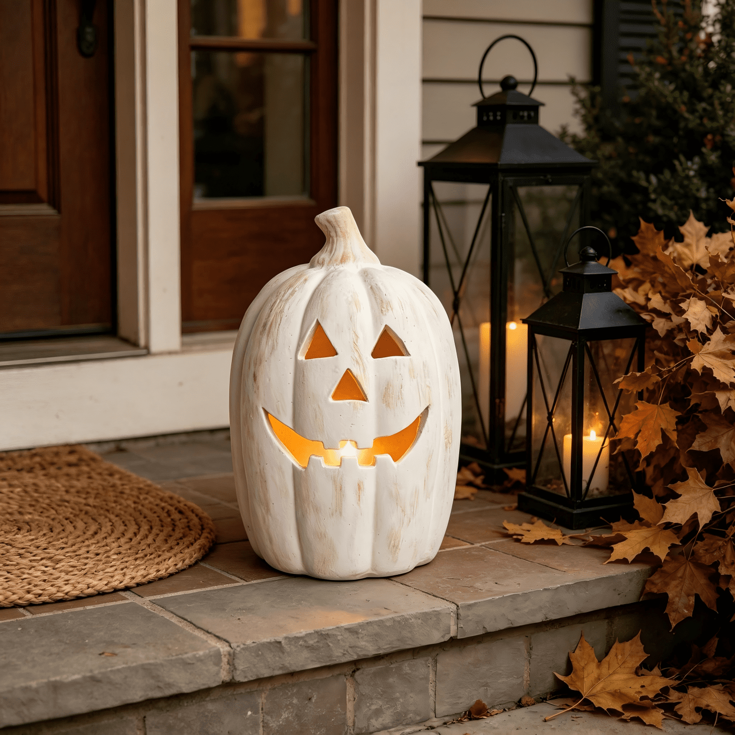 Fall Decor - Halloween Decorations - 5.9"H White Handmade Resin Pumpkin Jack O' Lantern with Flameless Candle - Outdoor Indoor Autumn Decoration for Table Centerpieces Porch Room Front Door