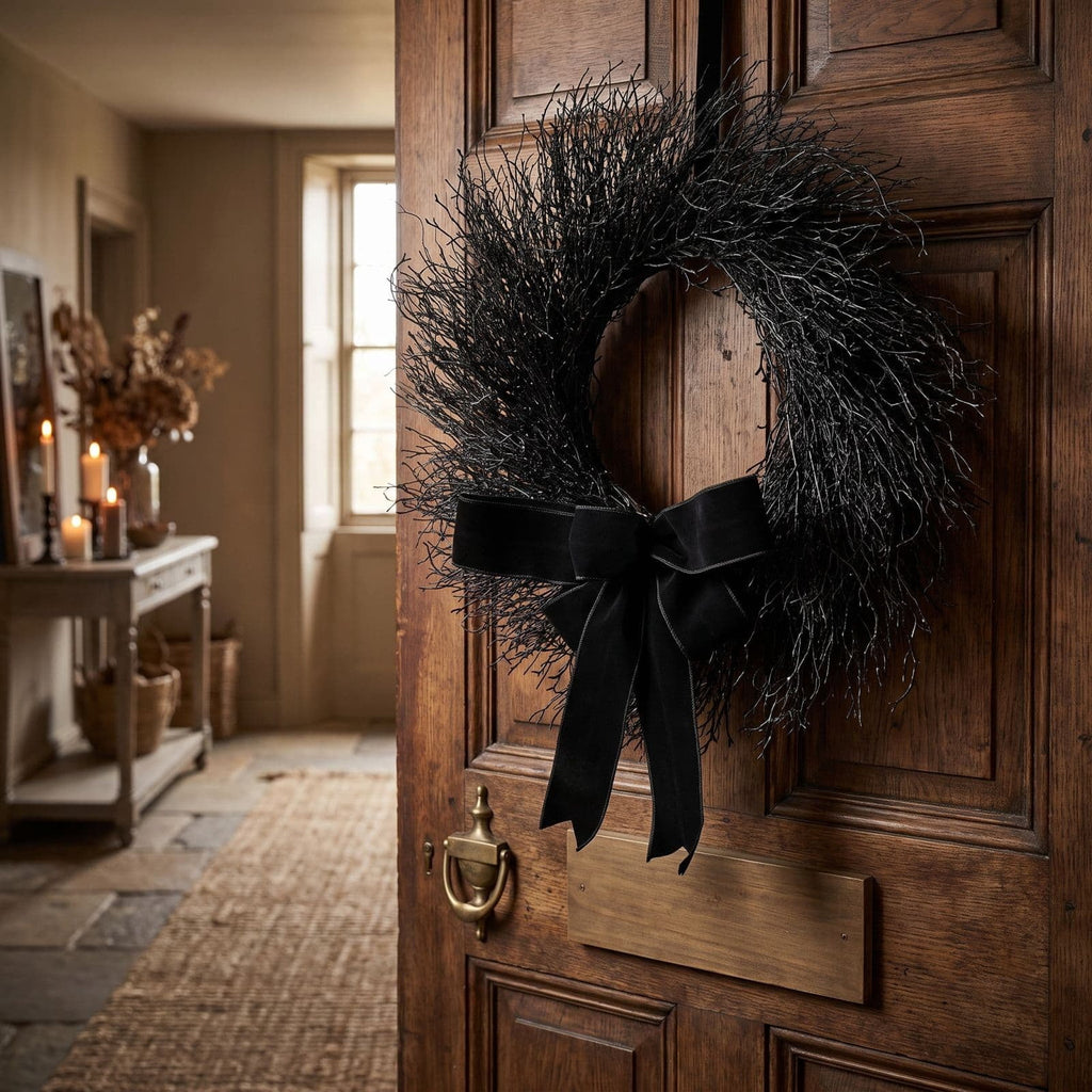Drapey Faux Cedar Wreath,Halloween Wreath, Draped Foliage Front Door Wreath, Indoor Outdoor Weather Resistant Gothic Porch Wall Decor for Halloween Seasonal Decoration,Black, 16"