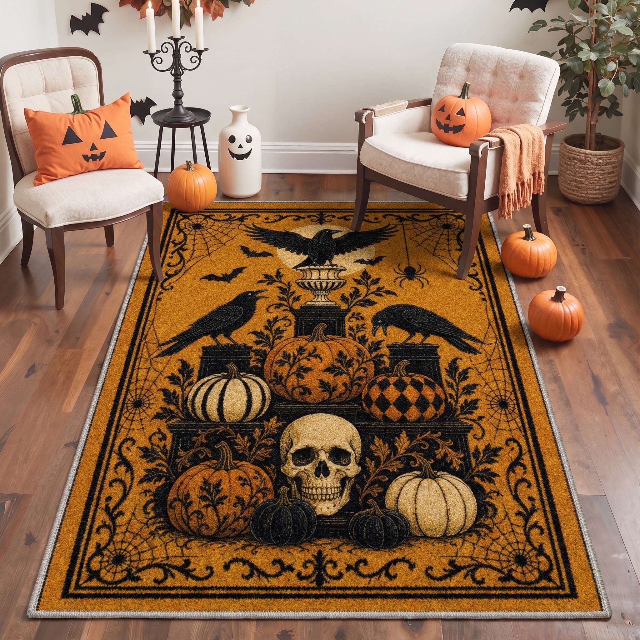 GENIMO 2'x7' Halloween Runner Rug, Washable Non Slip Soft Gothic Raven Indoor Outdoor Hallway Runner for Porch Patio Kitchen Entryway, Rust Orange