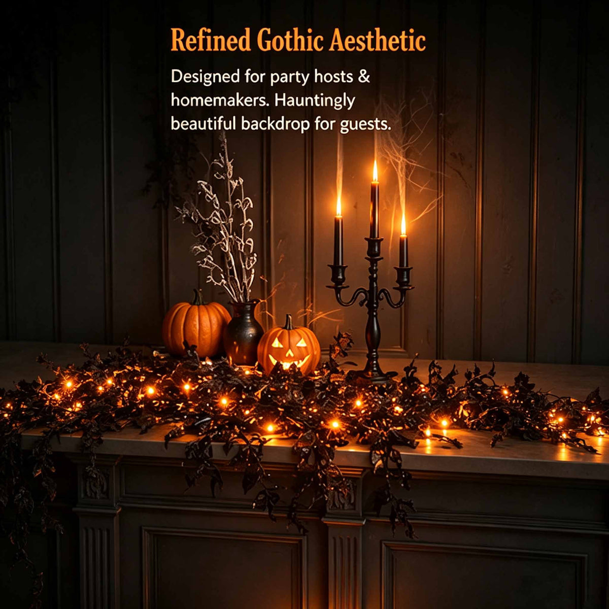 Halloween Garland with LED Lights,Halloween Fireplace Mantel and Door Decoration with Vine Light,Gothic Black Vine Halloween Decor for Indoor Home