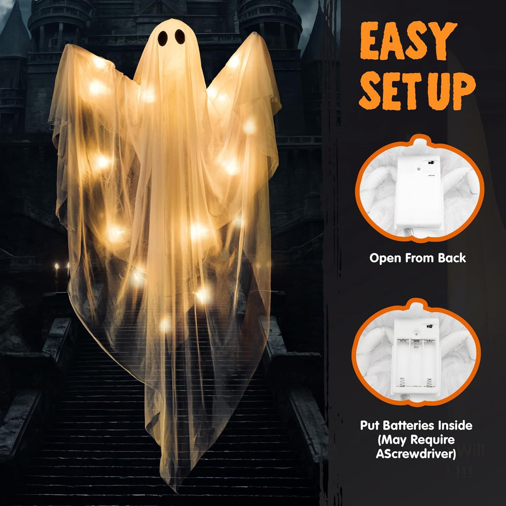 Joyfy 47inch Halloween Decorations Outdoor Hanging Ghost,Light up White Ghosts with Spooky Warm White LED Light,Halloween Outdoor Yard Porch Decorations,Haunted House Decorations