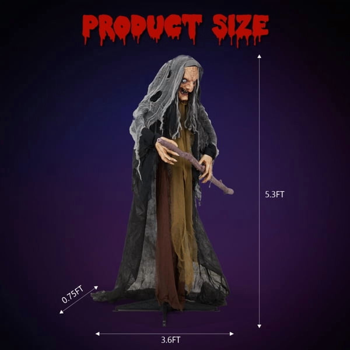 Alvantor Halloween Animated Decorations - 5.3 FT Sensor-Activated Animatronic Witch with Staff, LED Eyes and Swaying Motion