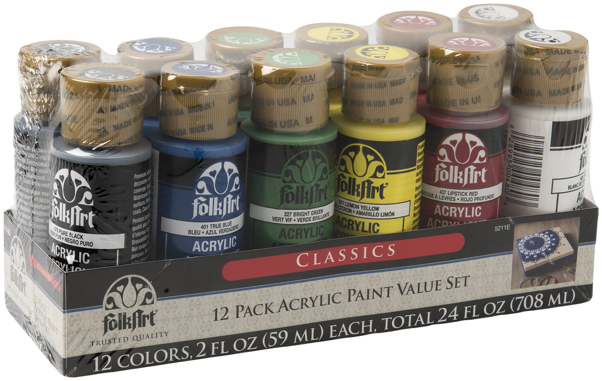FolkArt 5211E Acrylic Craft Paint Set, Matte Finish, Classic, Set of 12, 24 fl oz