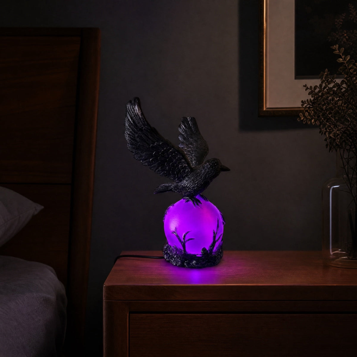 Gothic Mysterious Crow LED Flameless Candle, Luminous Sculpture, Gothic Home Decor Accent, Raven Lamp for Halloween Gifts, Bedroom Bedside, Living Room, Orange