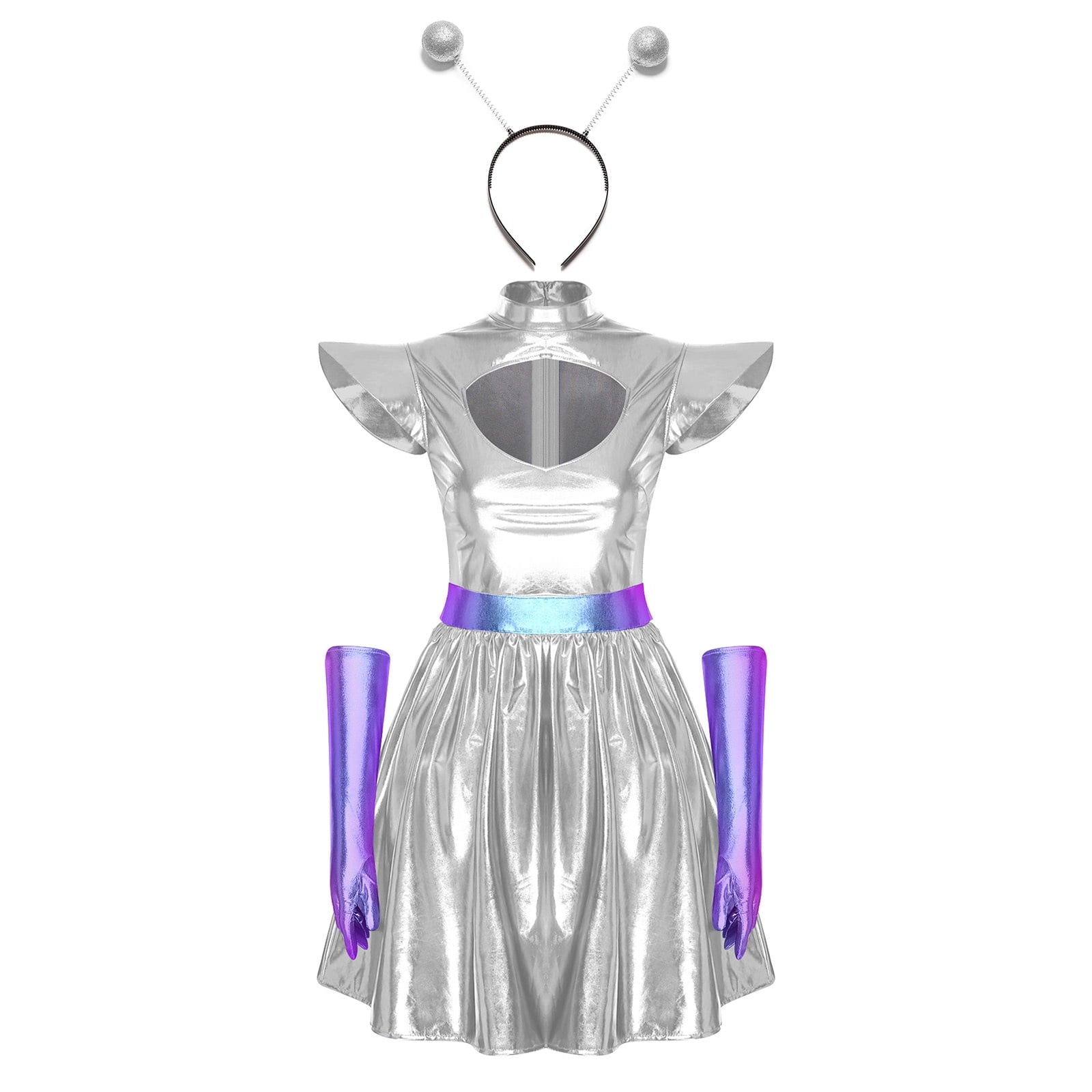 Aislor Womens Outer Space Alien Dress with Gloves Headband Halloween Space Cadet Rave Outfit Blue 3XL
