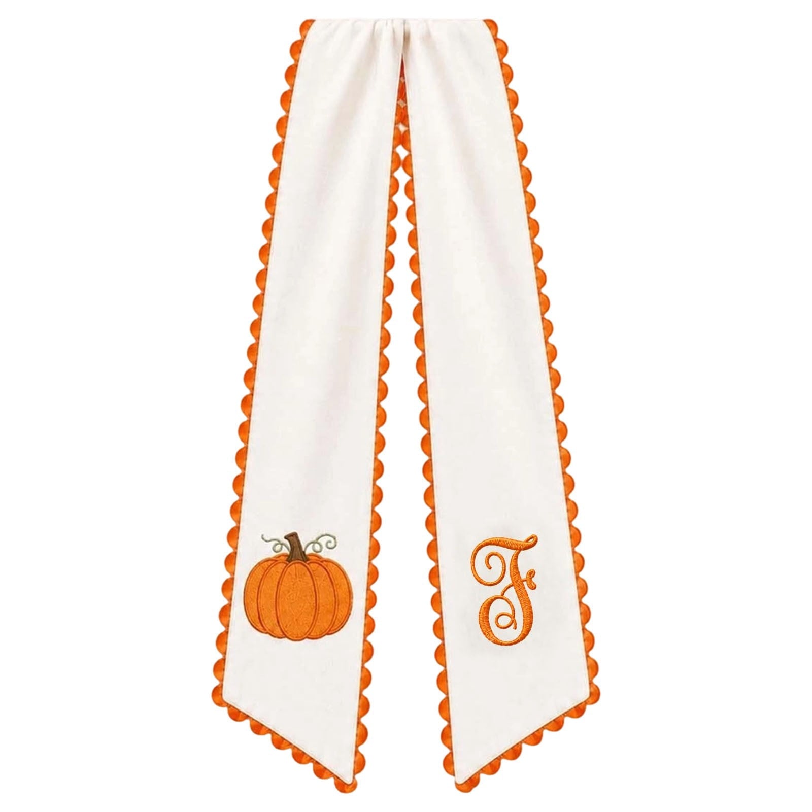 Pumpkin Embroidered Wreath Sash, 50 x 5 inch Orange Scalloped Lettered Ribbon for Halloween, Thanksgiving, Front Door, Seasonal Garland and Fall Home Decor, I