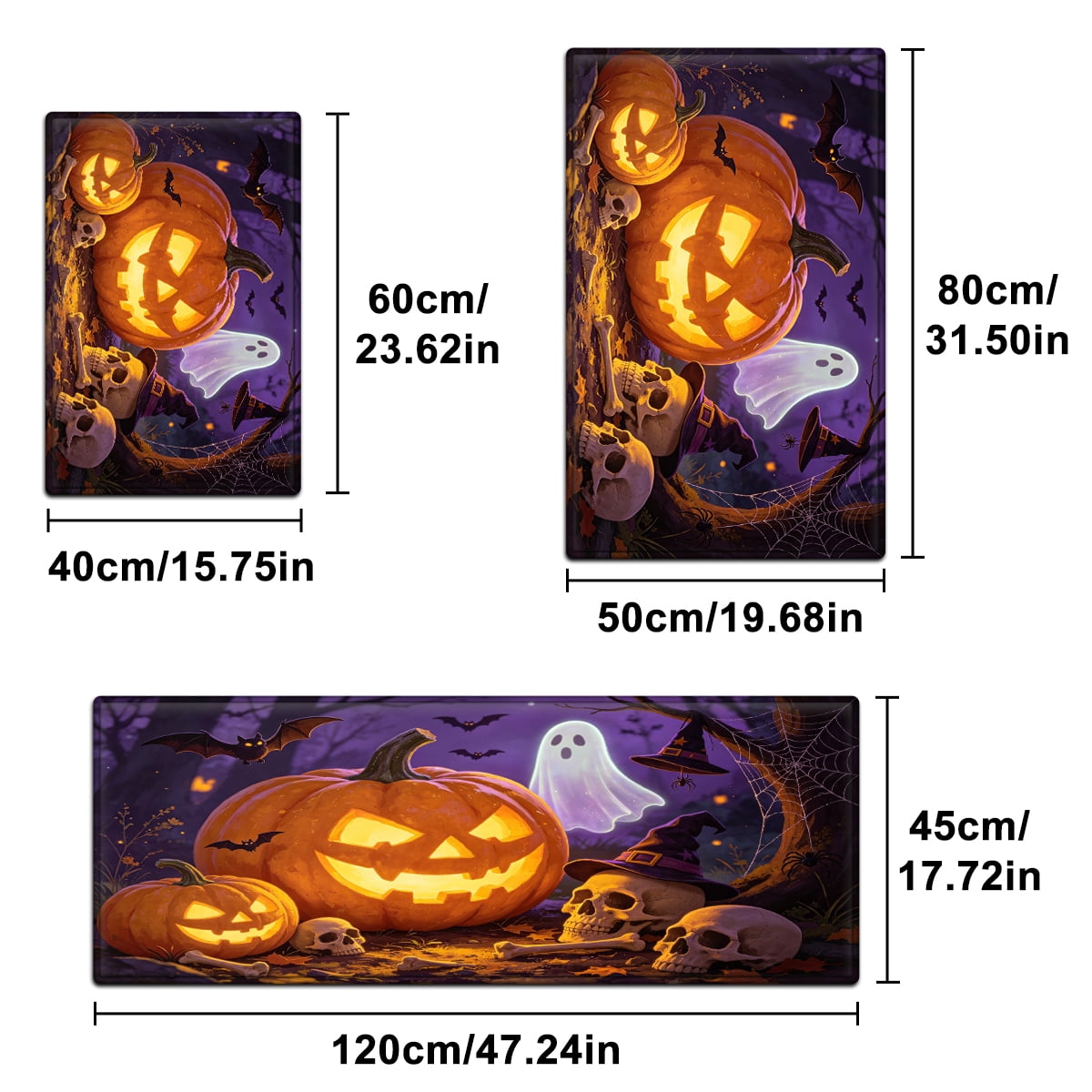 YIMEIS Halloween Pumpkin Lantern 3Pcs Flannel Mat & Kitchen Rugs Set,16''×24'' 20''×30'' 17''×47'' Inches,Soft Non-slip for Home Bathroom