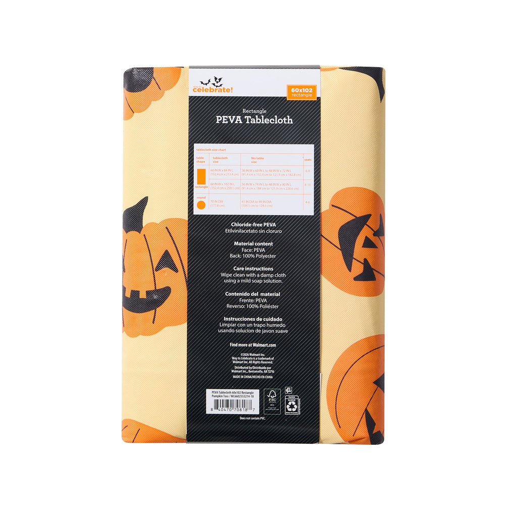 Way To Celebrate Halloween PEVA Tablecloth, Indoor & Outdoor Table 60" x 102" - Pumpkin Toss