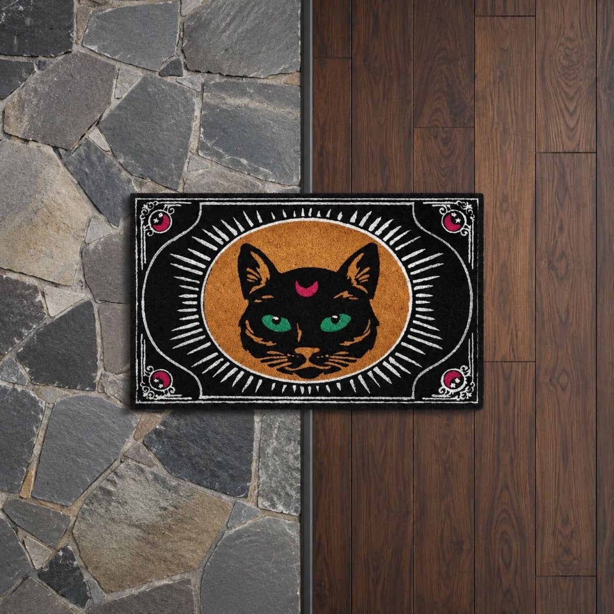 AHGQT Funny Green Eyes Cat Bathroom Rug, 31’’x19’’ Non Slip Machine Washable Mat, Spooky Halloween Rug Decor for Home Bedroom Shower Floor