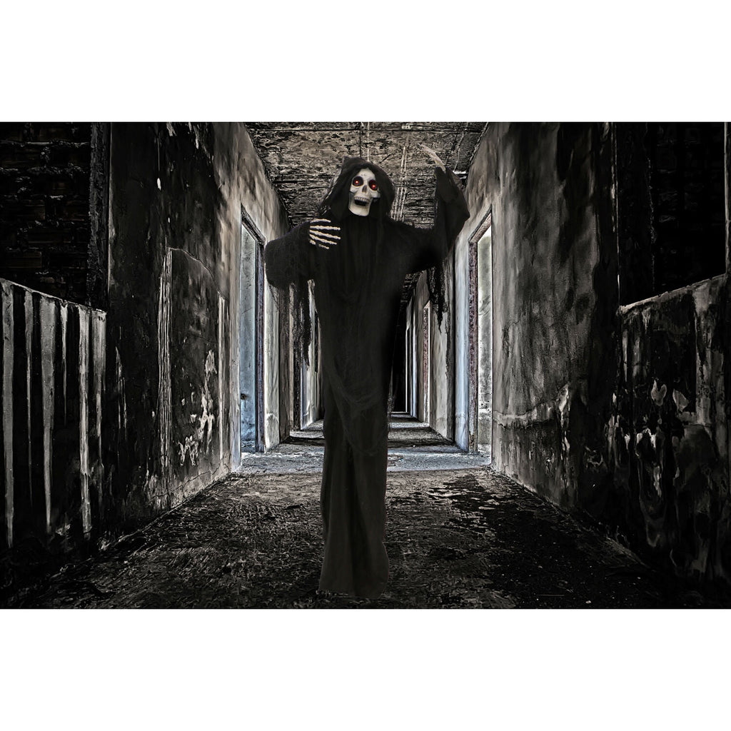 Haunted Hill Farm 5 ft Life-Size Animated Grim Reaper Prop w/ Chain and Rotating Head for Indoor or Outdoor Halloween Decoration, Battery-Operated