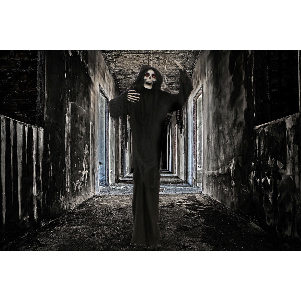 Haunted Hill Farm 5 ft Life-Size Animated Grim Reaper Prop w/ Chain and Rotating Head for Indoor or Outdoor Halloween Decoration, Battery-Operated