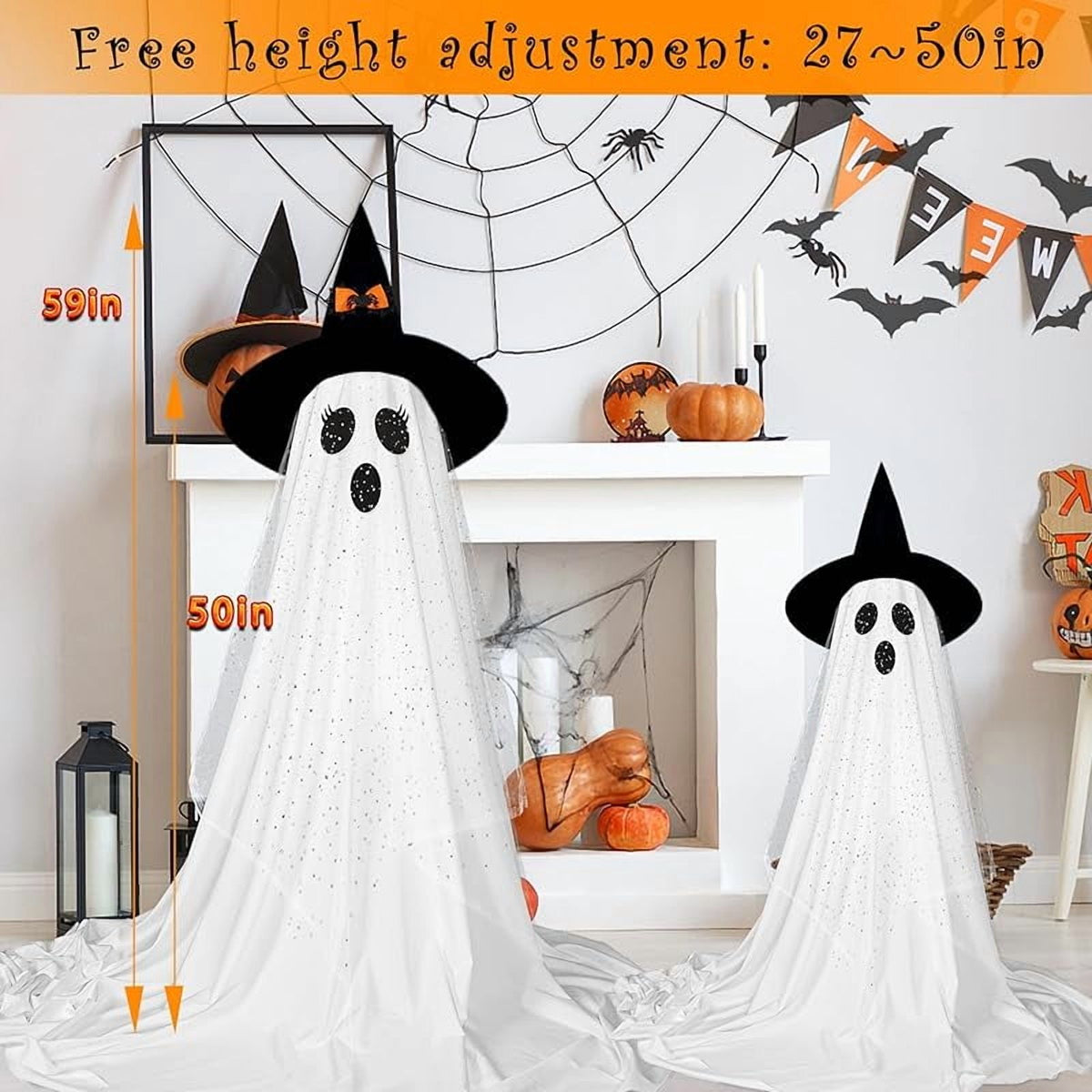 2-Pack Halloween Decorations Outdoor, Halloween Party Decorations Indoor, Ghost Decorations with Remote Control String Lights, Halloween Ghost Lights Suitable for Porch, Courtyard, Garden, Lawn