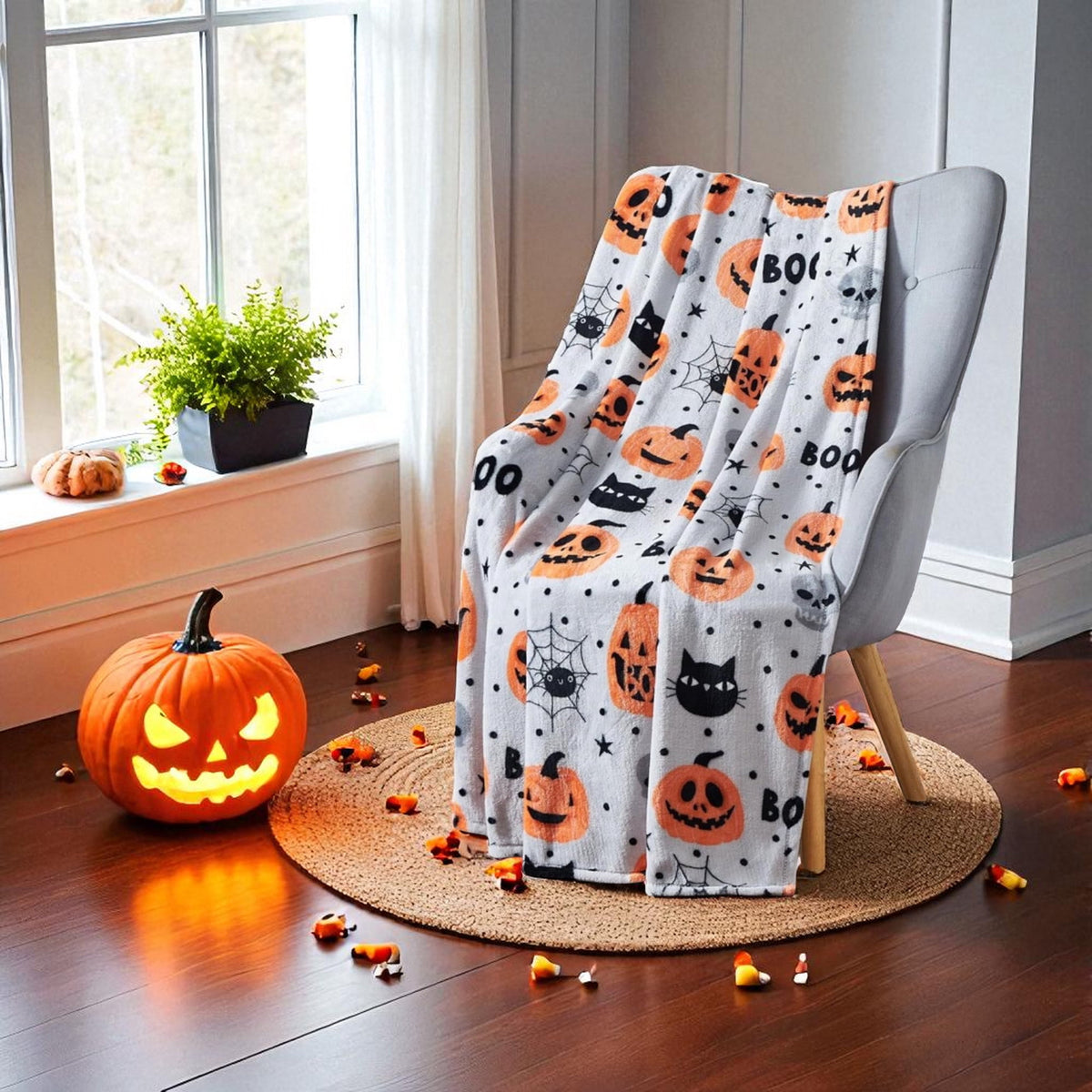 Serafina Home Halloween Throw Blanket: Fuzzy Boo! Jack O'Lantern Spider Webs Skull and Black Cats Print on Velvet Fleece for Sofa Bed Couch Chair Dorm