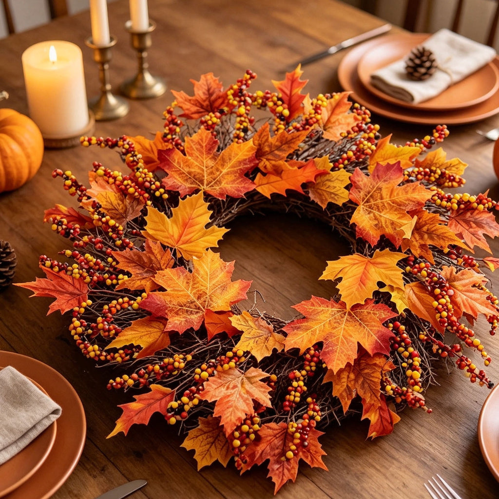HOARBOEG Handmade Wrought Iron Maple Leaf Wreath, Thanksgiving Rudolph Fall Harvest Door Hanging, Orange Metal Autumn Wreath with Berries, Garden Wall Decor, 15.75 in