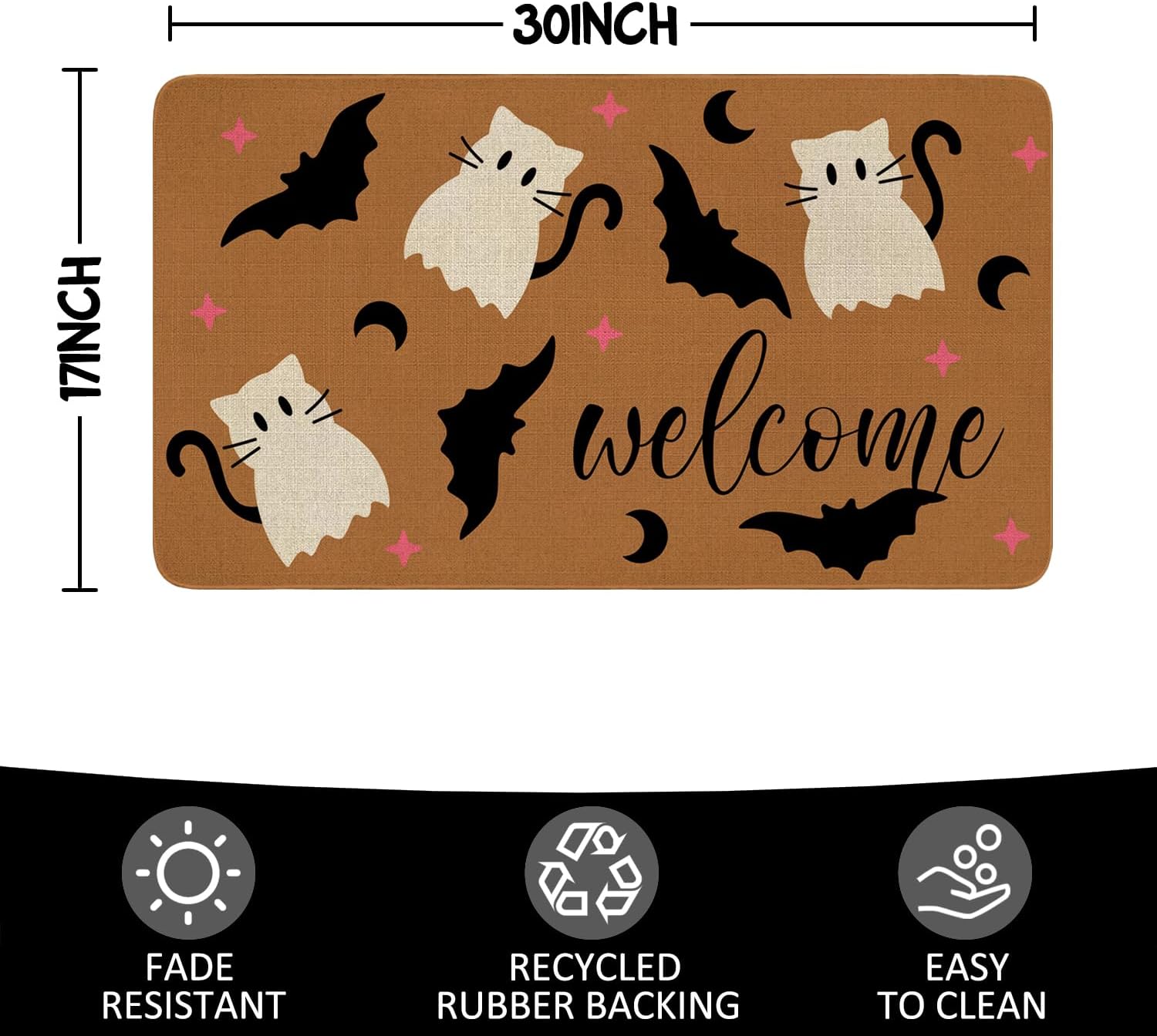 Halloween Door Mat,Cute Cat Spooky Ghost Bats Outdoor Mats for Front Door,Fall Halloween Indoor Entrance Non-Slip Doormat Entryway Welcome Rubber Mats for Porch Decor 30" x 17"
