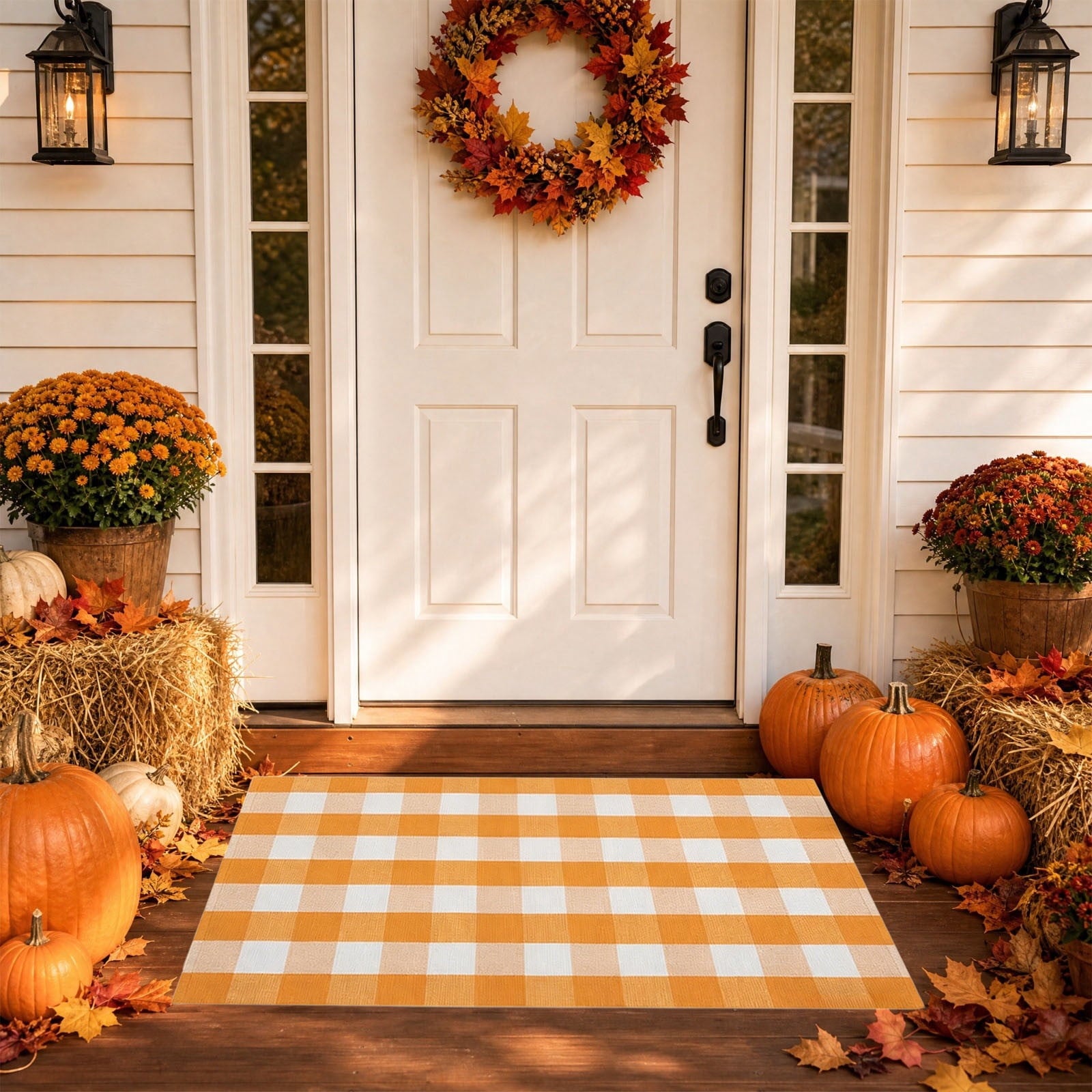 Orange Plaid Fall Outdoor Mat, Hand-Woven Porch Rug for Thanksgiving Halloween Door Decor