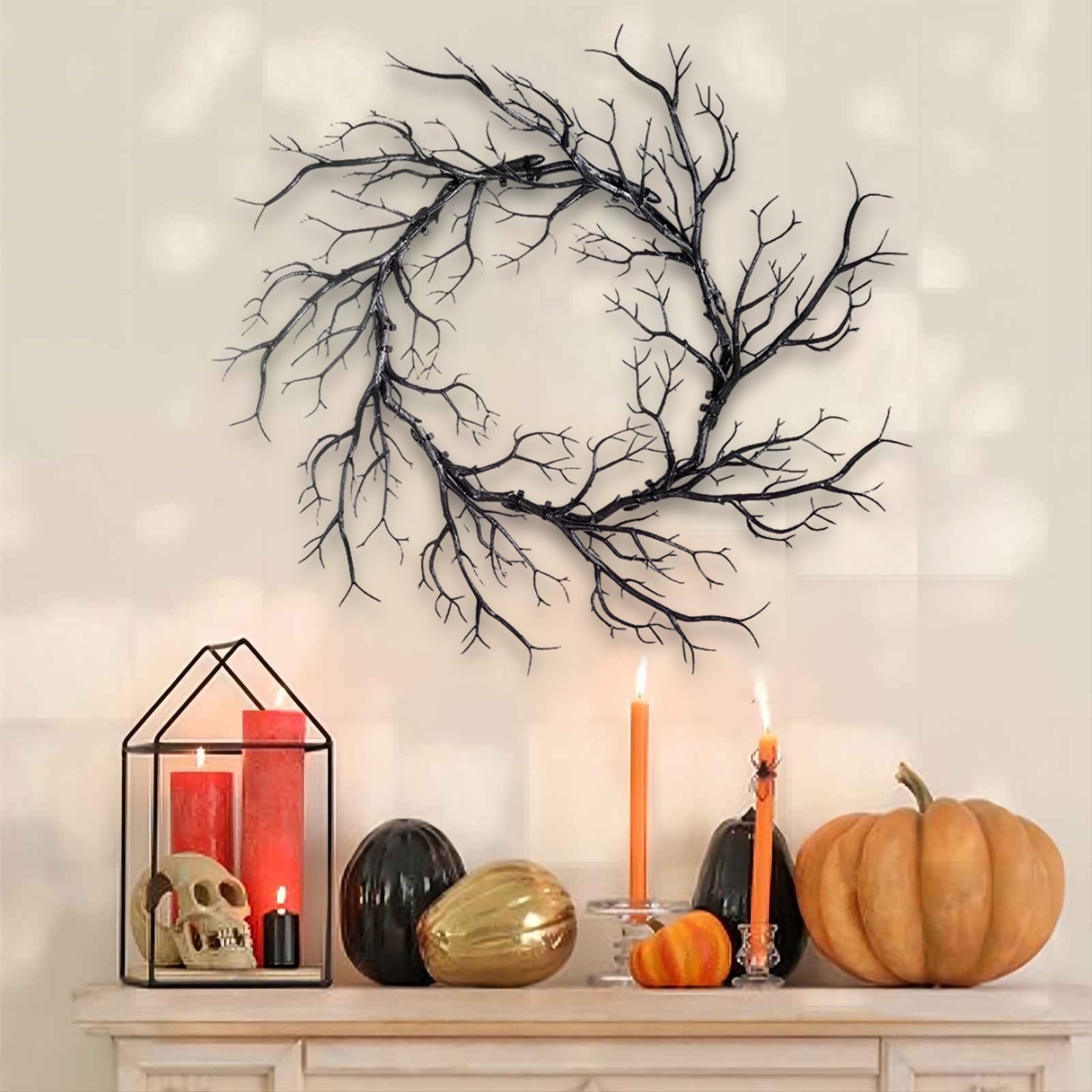 WWC Halloween Wreath, 18 inch Black Bats and Bare Branch Wreath, Gothic Halloween Decor Twig Wreath for Halloween Party Front Door Porch and Fireplace