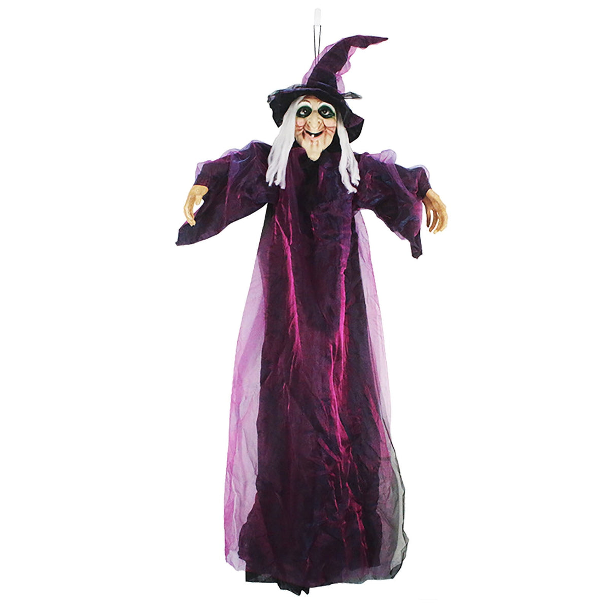 DAMAI 5.9 FT Hanging Witch Halloween Decorations Outdoor,Hanging Witch Halloween Decor,Giant Animated Standing Talking Witch with Red Eyes,Flying Witch Standing Decor for Haunted House Props