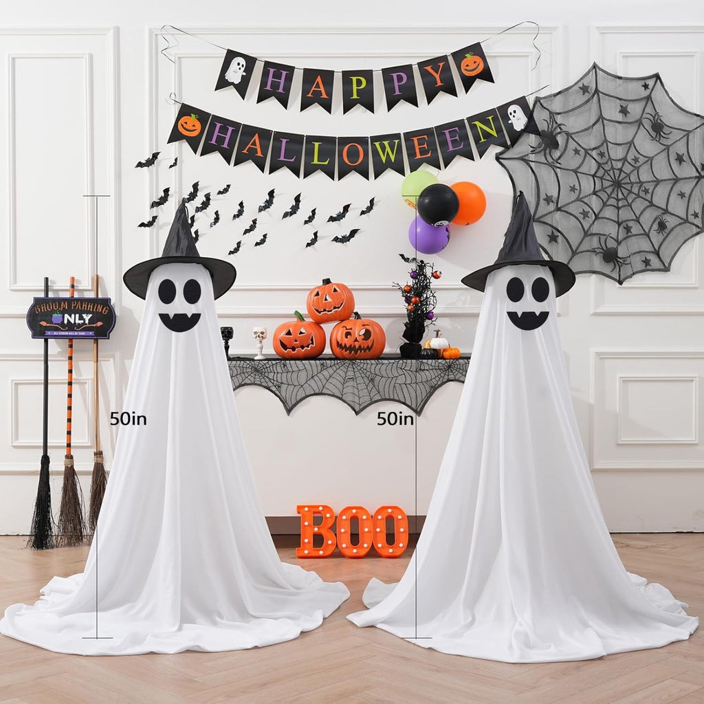 2Pcs Halloween Decorations Outdoor Ghost, DIY Ghost Kit Decor with Witch Hat Remote Control String Lights Halloween Decorations Indoor Halloween Ghost Lights for Porches Yards Gardens Lawn