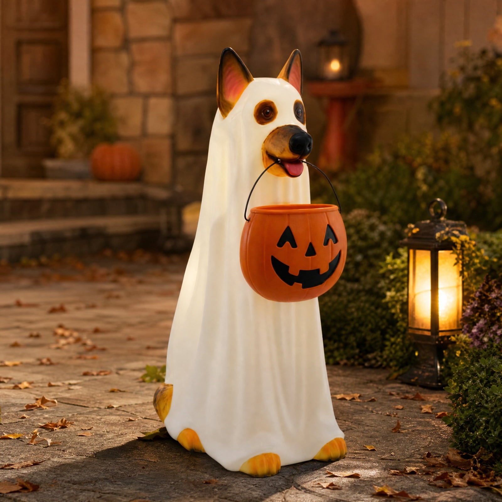 Clearance Halloween Schnauzer Bat Figurine with Ghost Bucket, 8 inch Resin Cute Dog Gifts Tabletop Decor