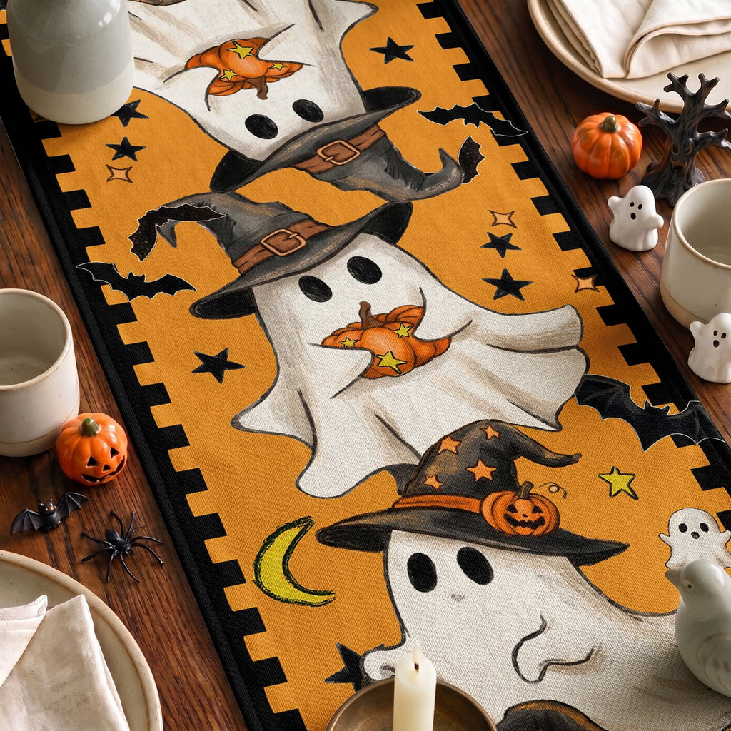 Sm:)e Halloween Table Runner Ghost Pumpkin 13x72 Inch, Halloween Party Kitchen Dining Indoor Outdoor Decorations,Orange