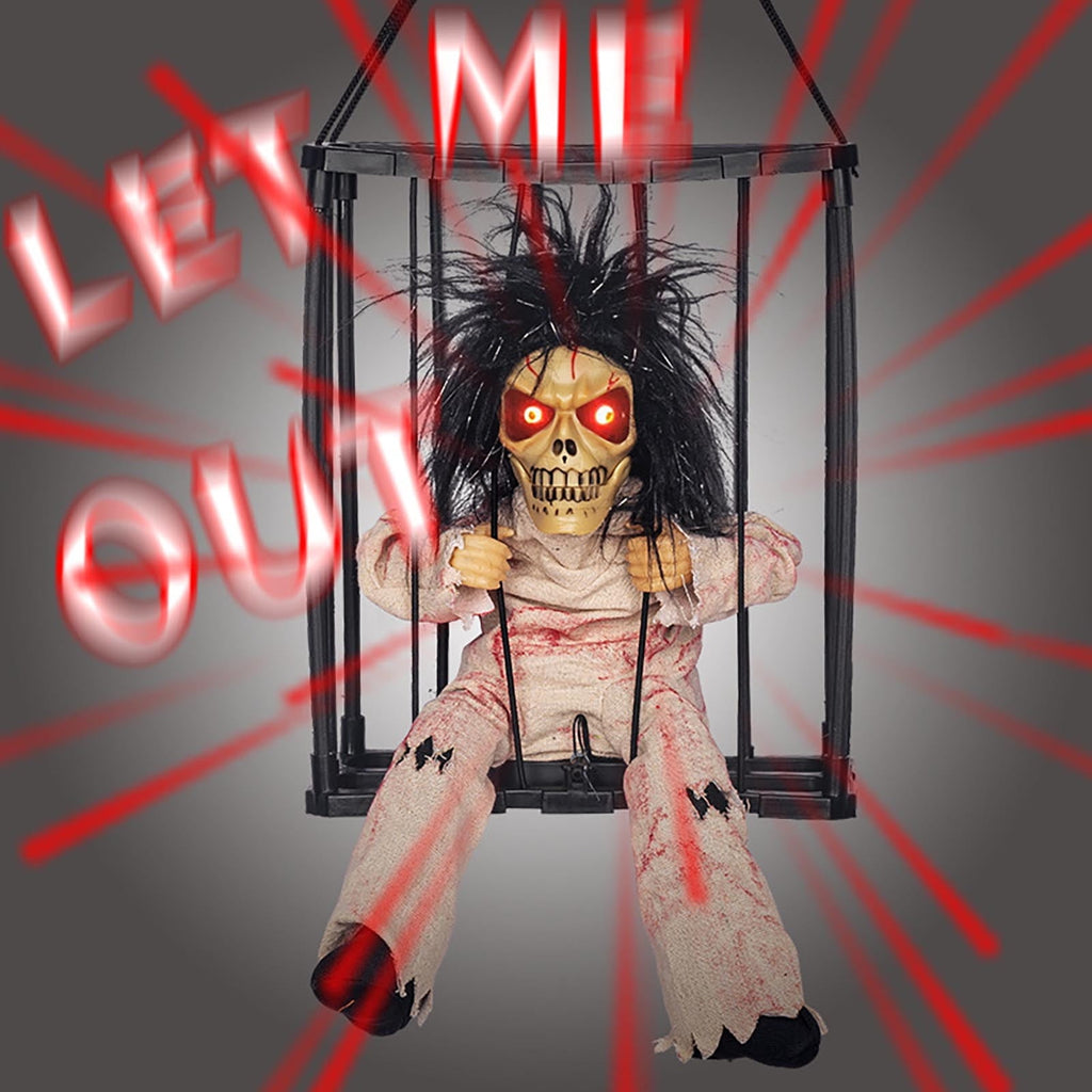 Summercome Skeleton Animated Halloween Decorations, Screaming Halloween Decor with Motion Activated & Light Sensor, Spooky Prisoner Cage Haunted House Decorations, A