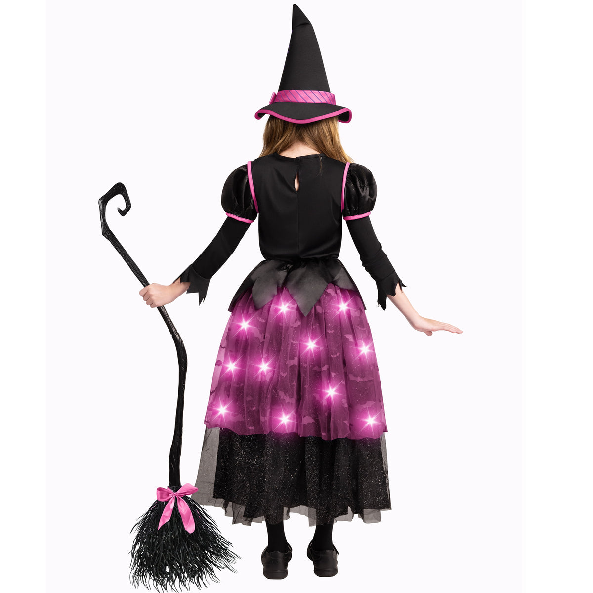 Joyfy Light up Witch Costume for Girls,Starry Witch Dress with Broom Hat for Kids and Toddlers, Perfect for Halloween Party Dress-up Cosplay Age 5-7