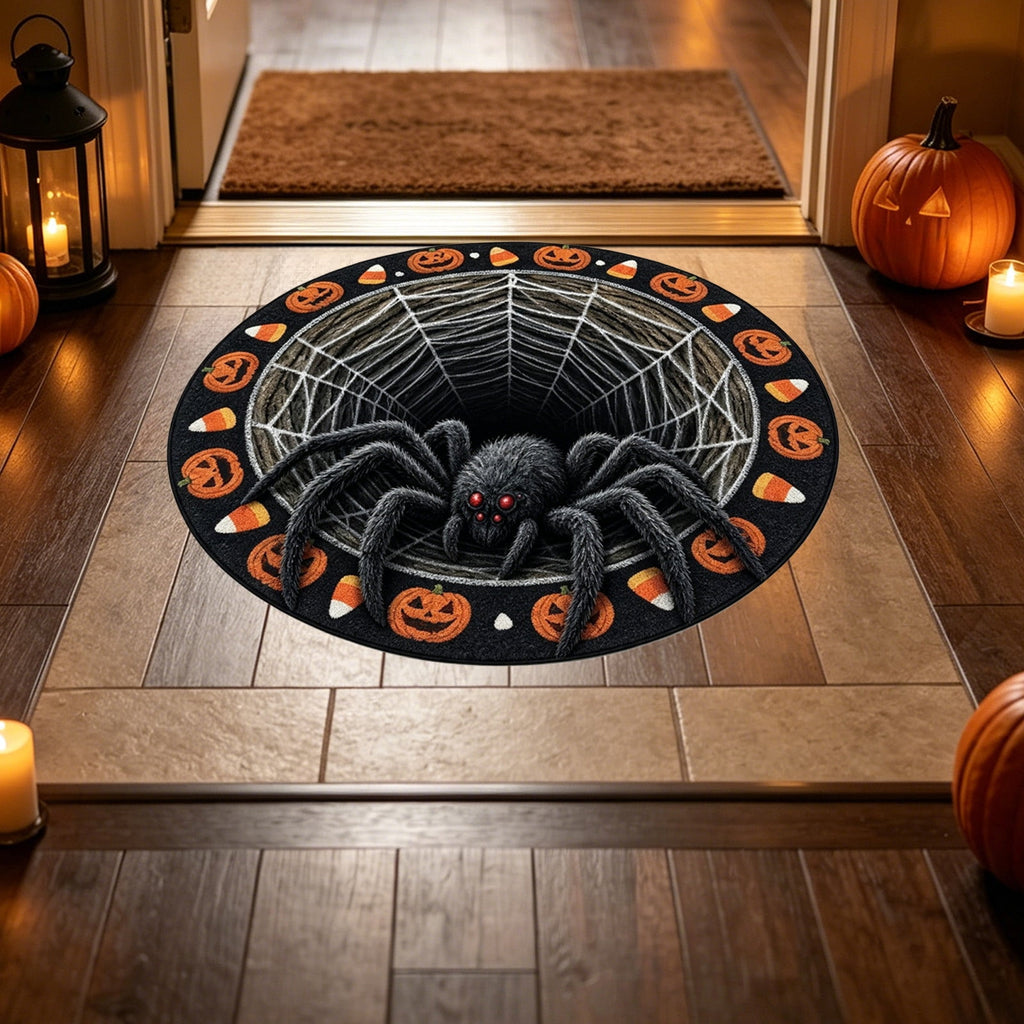 3D Optical Illusion Halloween Round Doormat,Vortex Tunnel Optical Illusion Printing Design,Giant Furry Red-Eyed Black Spider and White Spider Web,24"