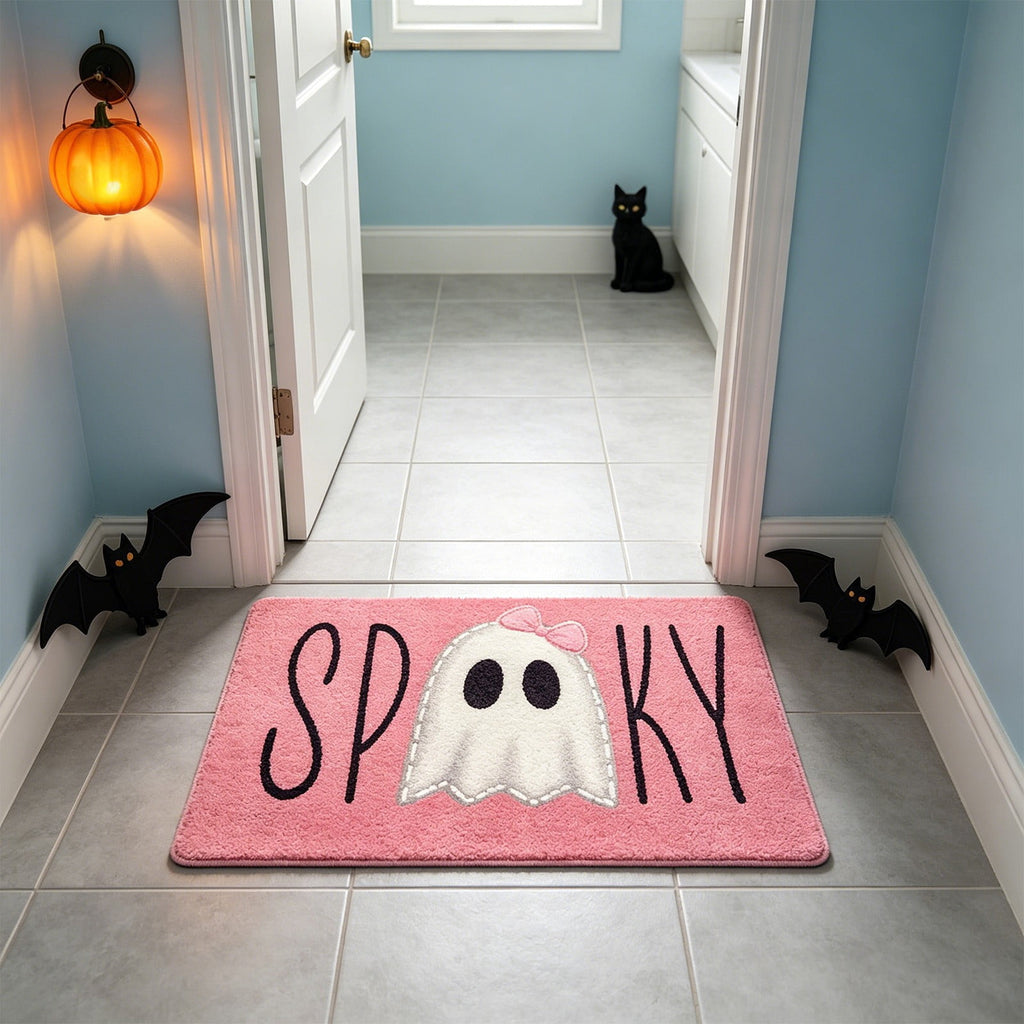 Halloween Doormat Ghost Bath Mat 23.6x15.7in Secure-Grip Absorbent Soft Faux Fur Rug for Bathroom Bedroom Living Room Decor by OVFUIZ