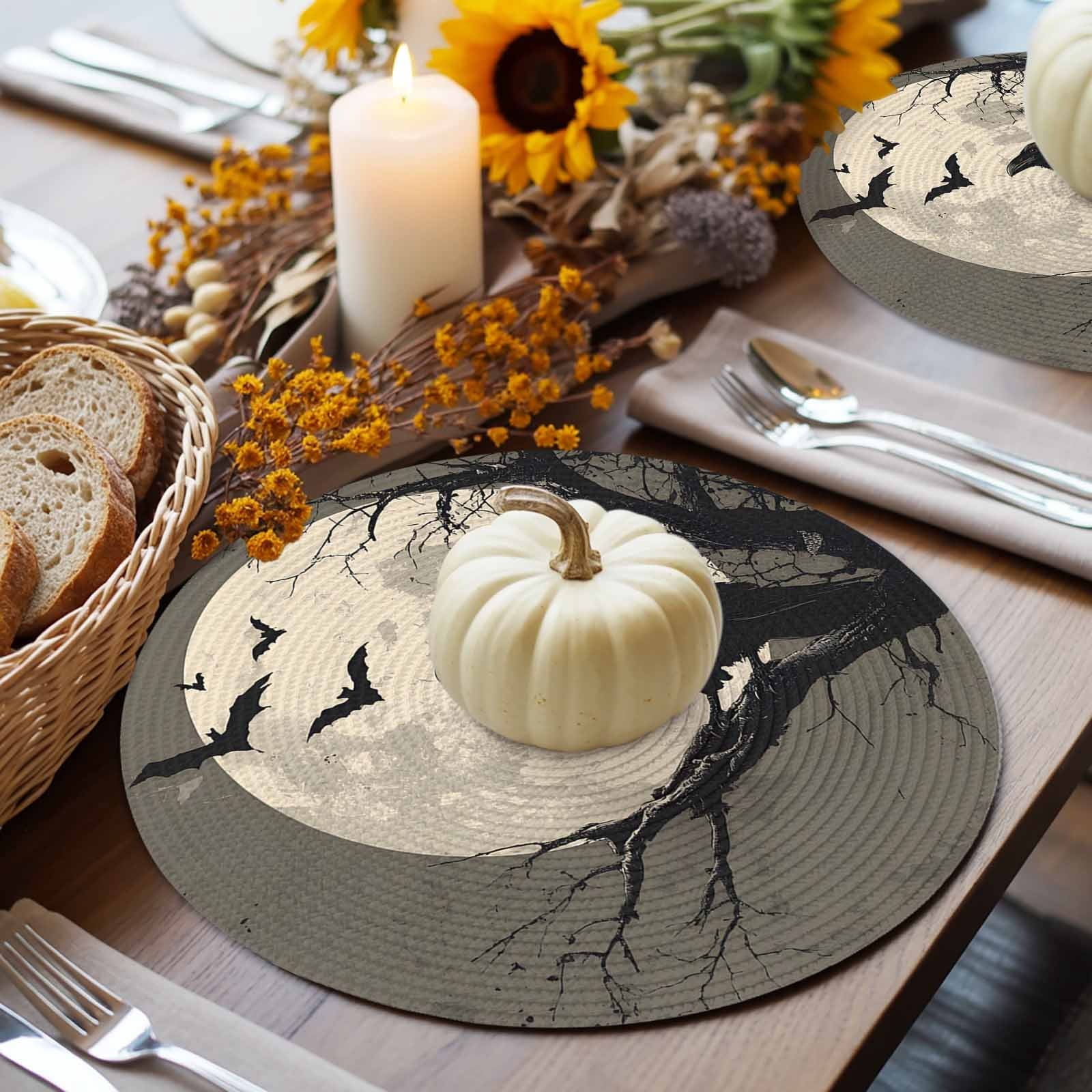Halloween Round Placemats Set of 4 Black Crow Bats Place Mats Washable Woven Placemat Horror Moon Tree Branch Circle Braided Table Mat for Kitchen Dining Table Holiday Party Home Decor 15 Inch