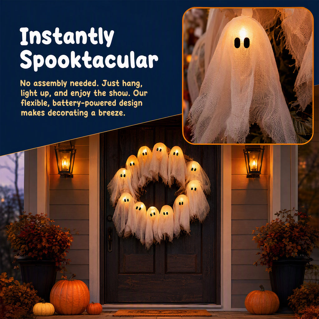 Halloween Glowing Ghost Wreath, Light-up Spooky Wreath with 12 Ghost Decor, RC, 6H Timer, Ideal for Halloween Party (A 12x3inch)