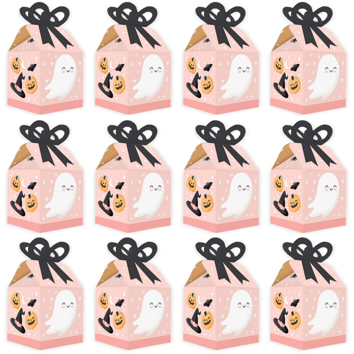 Big Dot of Happiness Pastel Halloween - Square Favor Gift Boxes - Pink Pumpkin Party Bow Boxes - Set of 12