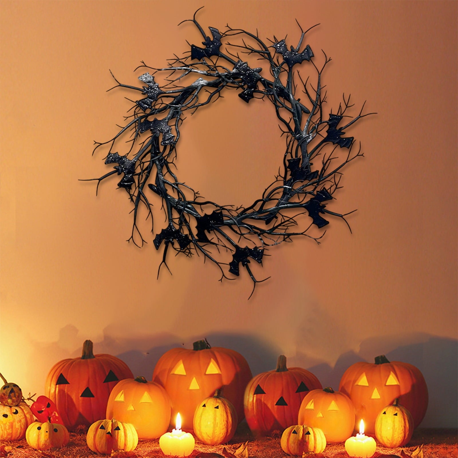 Boovnll Halloween Wreath, 18" Horror & Novelty Handmade Black Twig Glitter Bats Halloween Wreaths for Front Door Fireplace Wall Porch Party Decor, Halloween Decorations