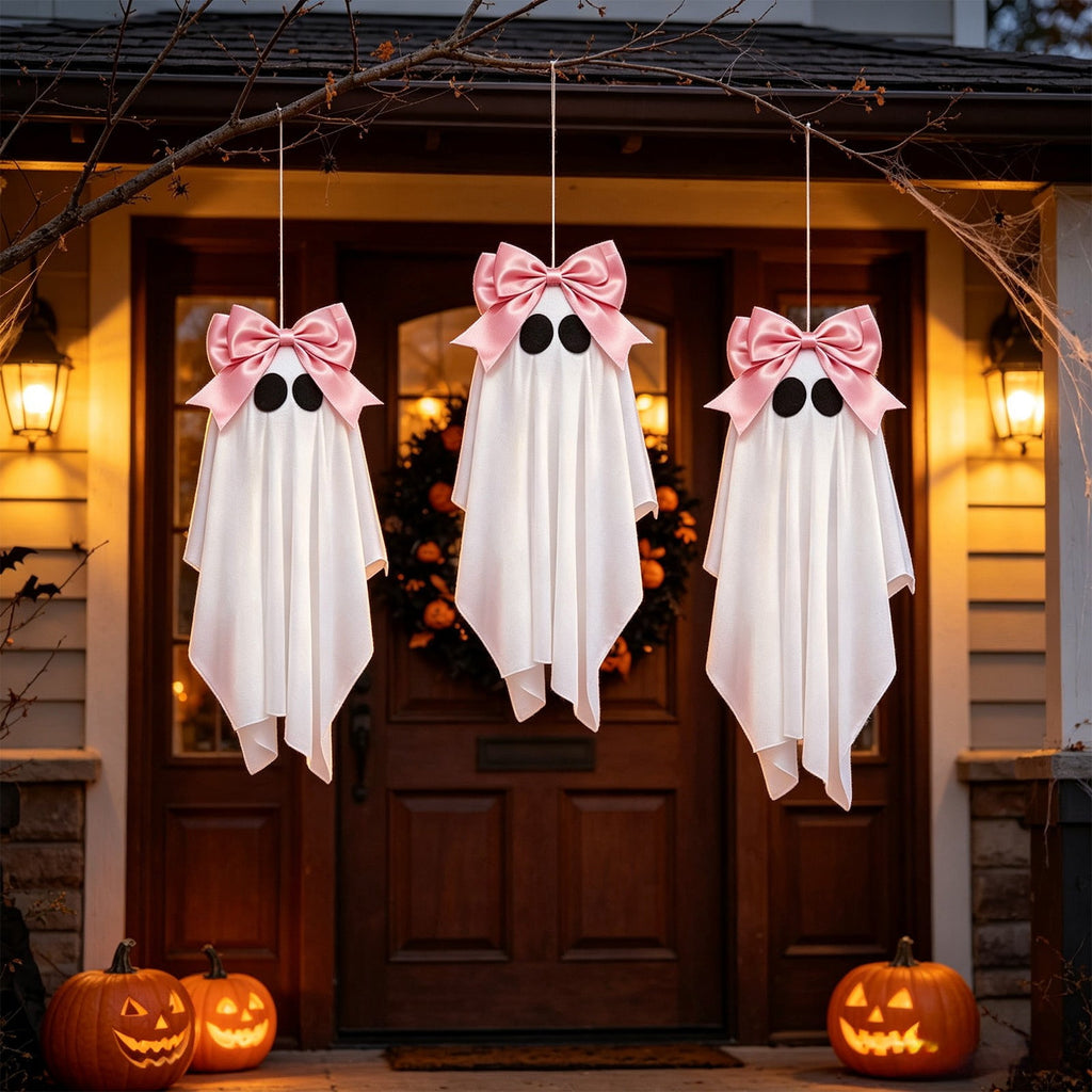 Pink Halloween Decor Ghost Candy Bowl Figurine with Bow and Scalloped Holder for Indoor Tabletop Decor and Party Favor Display