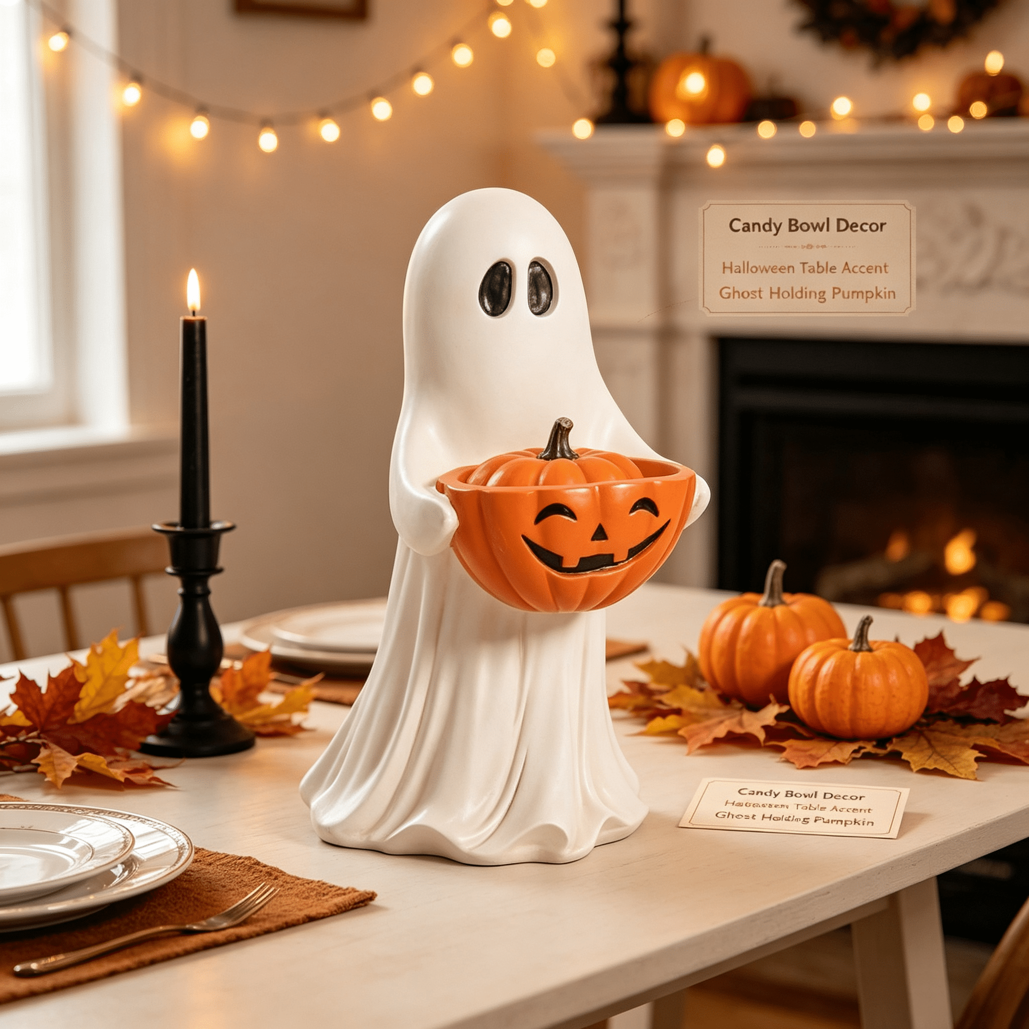 Halloween Ghost Figurine with Pumpkin Candy Bowl, Resin Spooky Ghost Statue Holding Jack O Lantern Treat Bowl, Cute Ghost Candy Holder Tabletop Decor for Front Door Decorations White