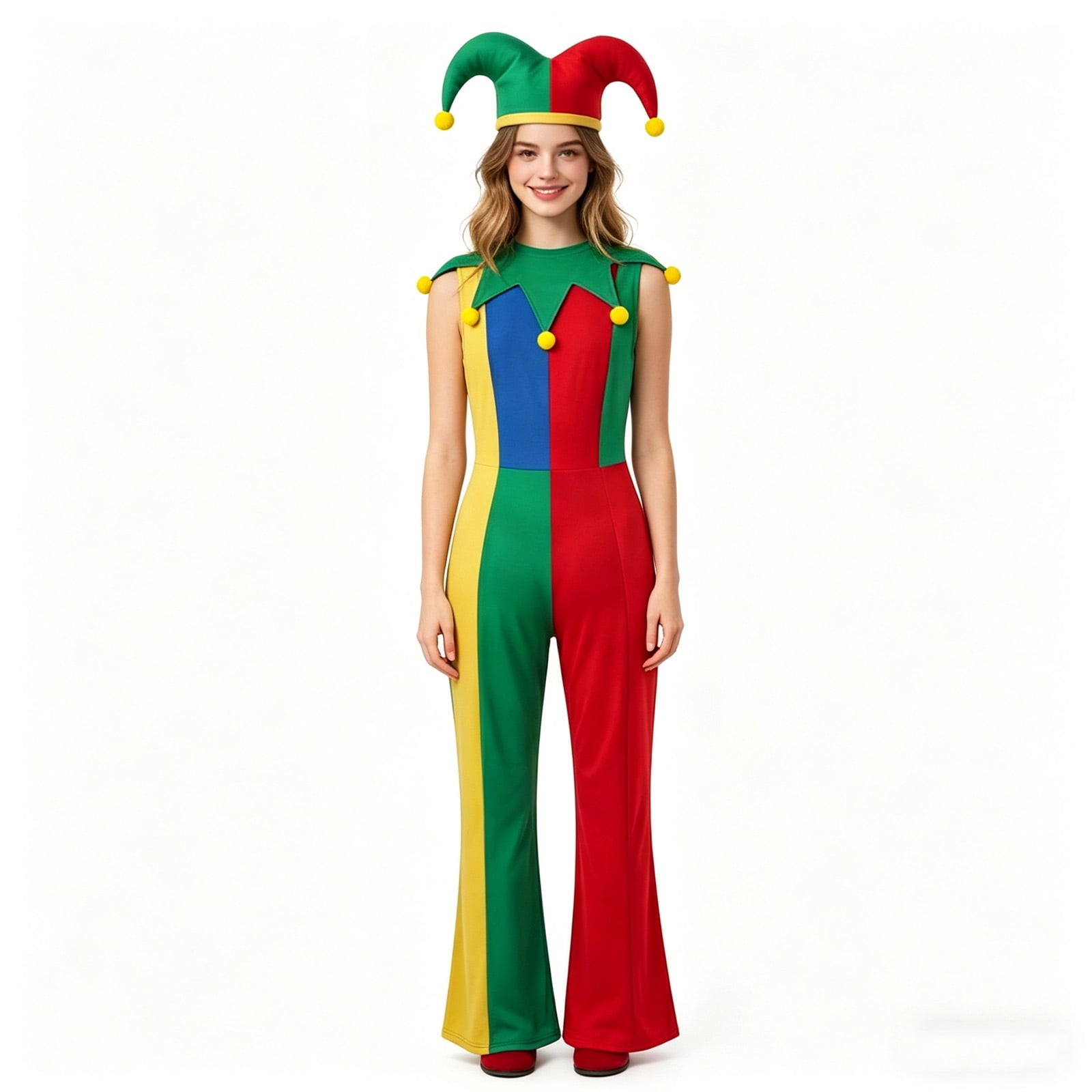 Clown Costume Set for Halloween Cosplay, Multicolor Circus Show Clown One-Piece Outfit Jumpsuit for Halloween Carnival Party Suit, Halloween Costume for Women, M