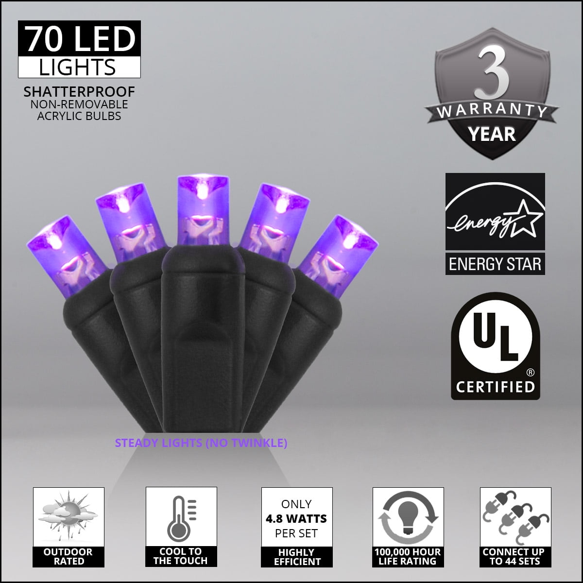70 LED Purple and Orange String Lights for Halloween Displays Party Decoration, 24', Indoor Outdoor Black Wire