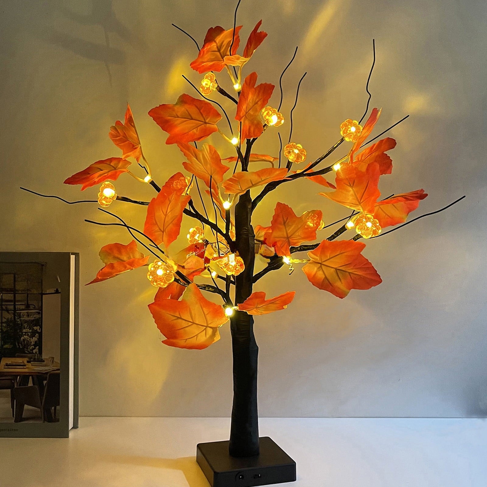 Darzheoy Artificial Lighted Maple Tree, 24 LED Thanksgiving Decorations Table Lights Tree for Autumn Wedding Party Gift Indoor Outdoor Harvest Home Decor