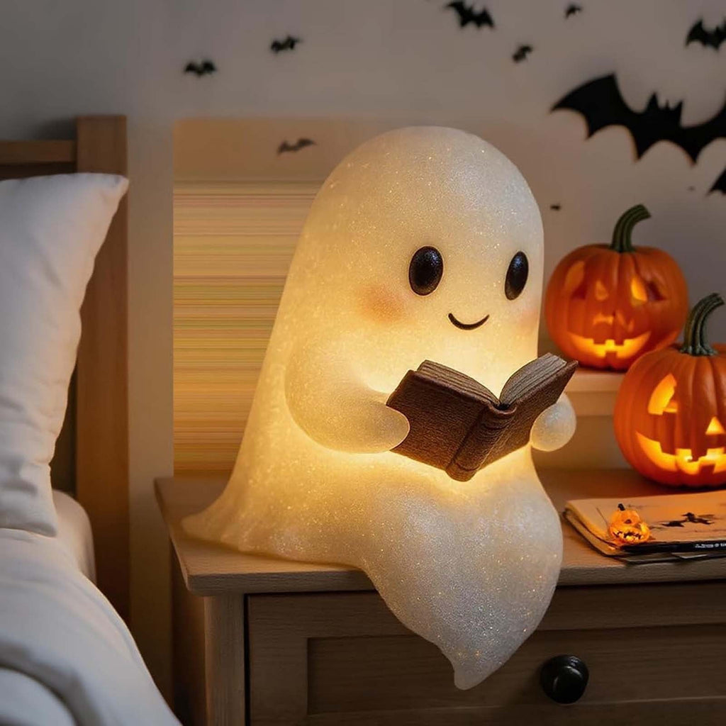 Fwttom Ghost Night Light, Halloween Lights Cute Ghost Reading Book Lamp, Halloween Decorations Indoor Light Up Ghost Statue Ghost Light for House Mantel Bedside