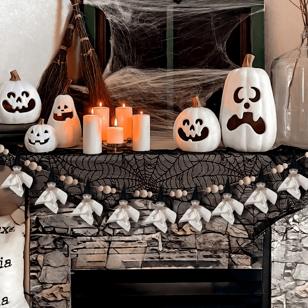 84 Inch Halloween Ghost Banner with Witch Hat, Rustic Wooden Bead Ghost Banner, Halloween Hanging Decor for Fireplace, Mantel, Wall, Party & Home