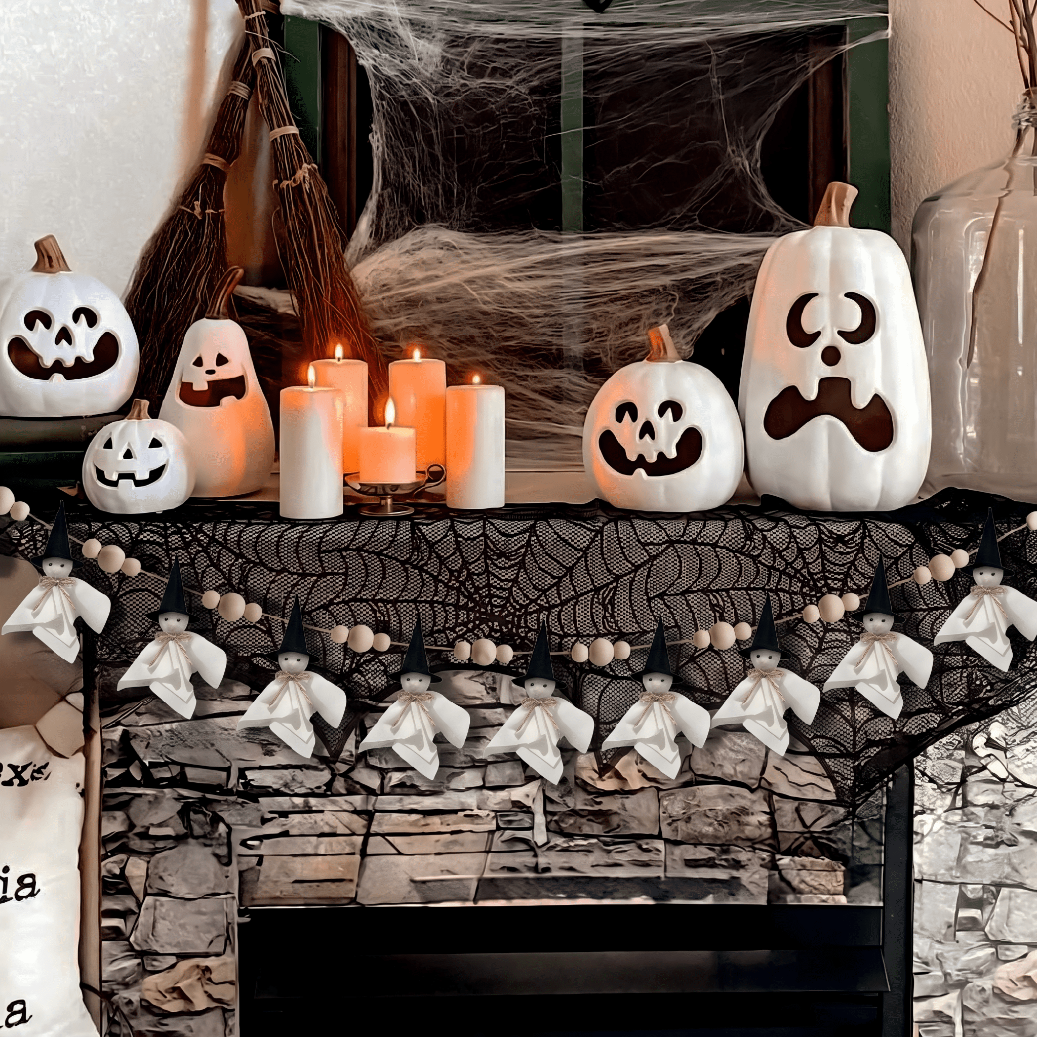 84 Inch Halloween Ghost Banner with Witch Hat, Rustic Wooden Bead Ghost Banner, Halloween Hanging Decor for Fireplace, Mantel, Wall, Party & Home