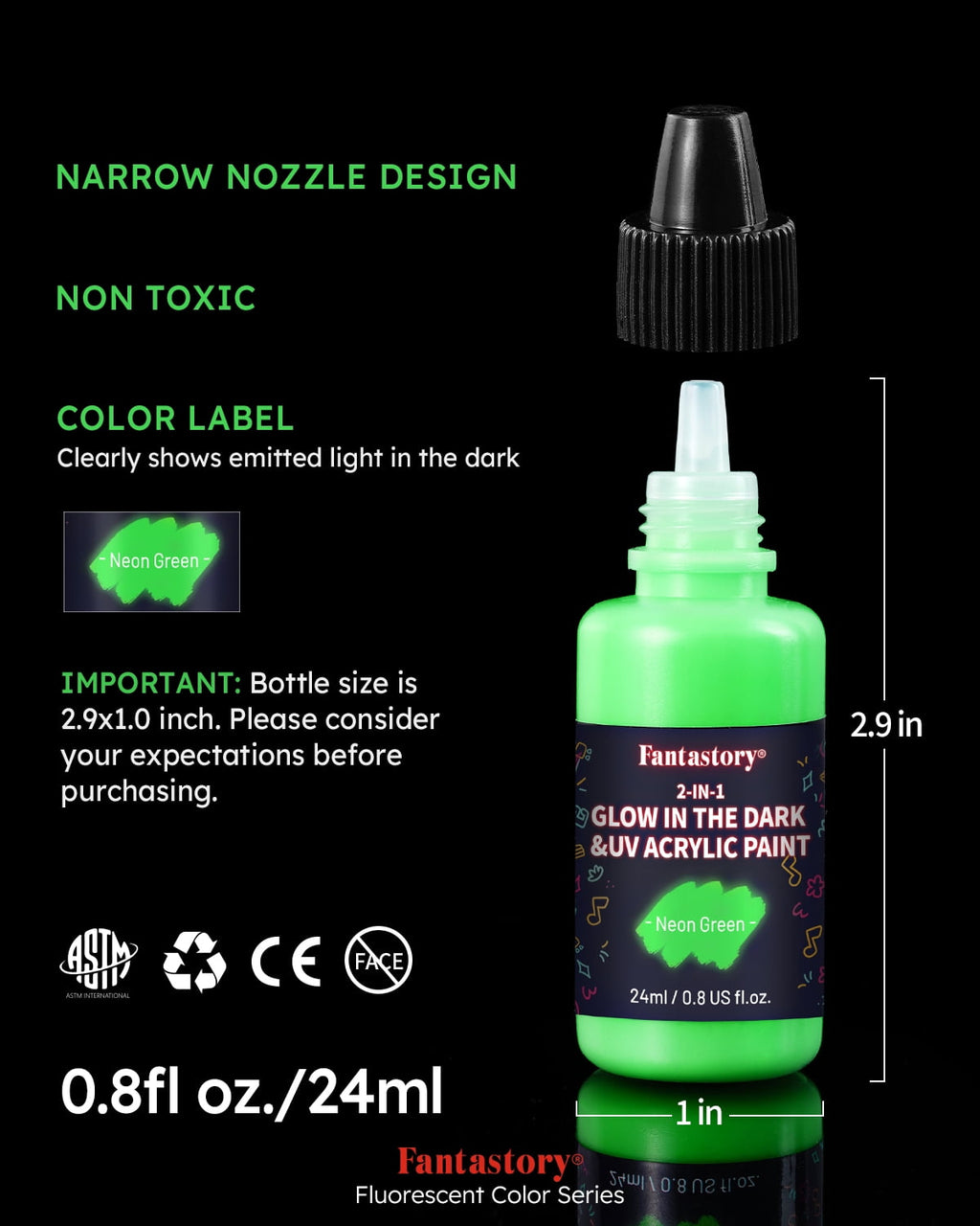 Fantastory Glow in the Dark Acrylic Paint, Multi-Surface, 8-Color Set, 0.8 fl oz Each