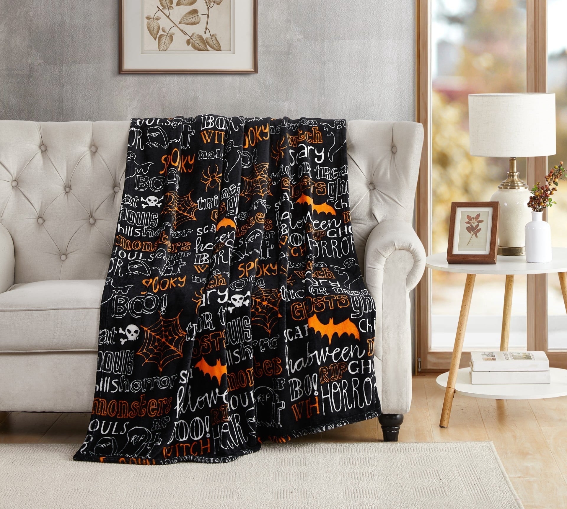 Serafina Home Halloween Throw Blanket: Fuzzy Boo! Jack O'Lantern Spider Webs Skull and Black Cats Print on Velvet Fleece for Sofa Bed Couch Chair Dorm
