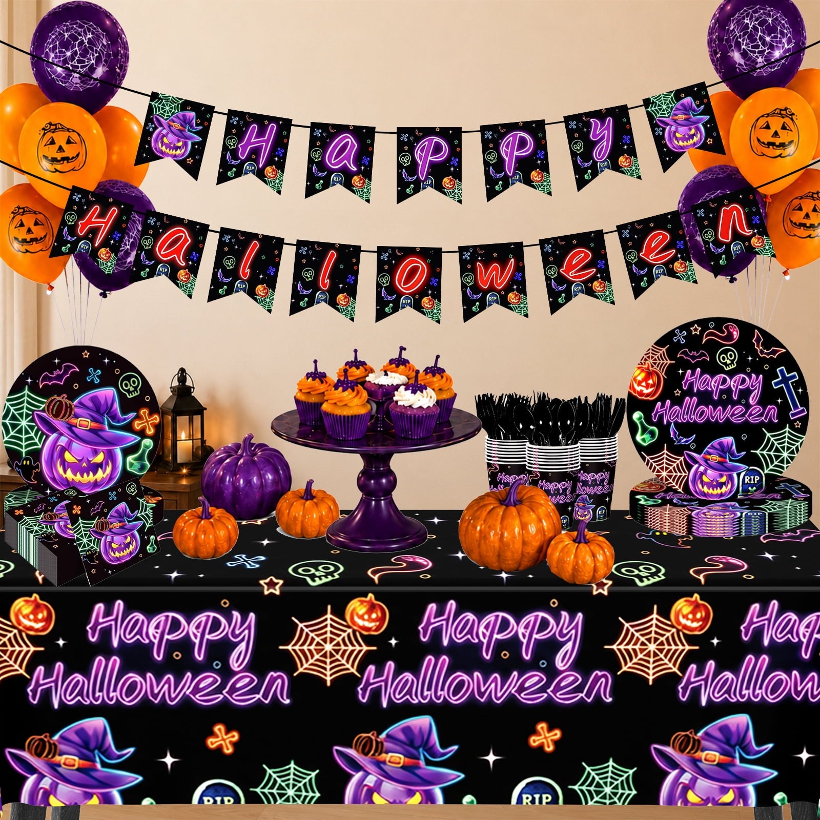 Wowhub Boo Ghost Pumpkin Halloween Tableware Set Serves 24, Halloween Plates and Napkins, Disposable Summerween Party Supplies with Cups, Cutlery & Tablecloth for Halloween Birthday Decorations