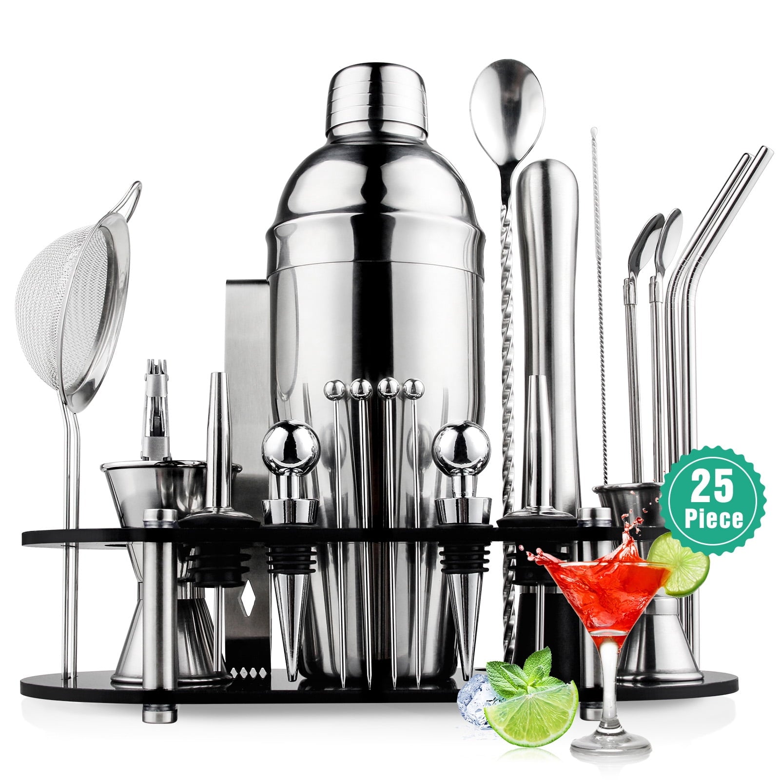 Biemlerfn 25-Piece Cocktail Shaker Set, Mixology Bartender Kit with Acrylic Stand Stainless Steel Bar Tools, Full Bartender Accessories and Recipe Book