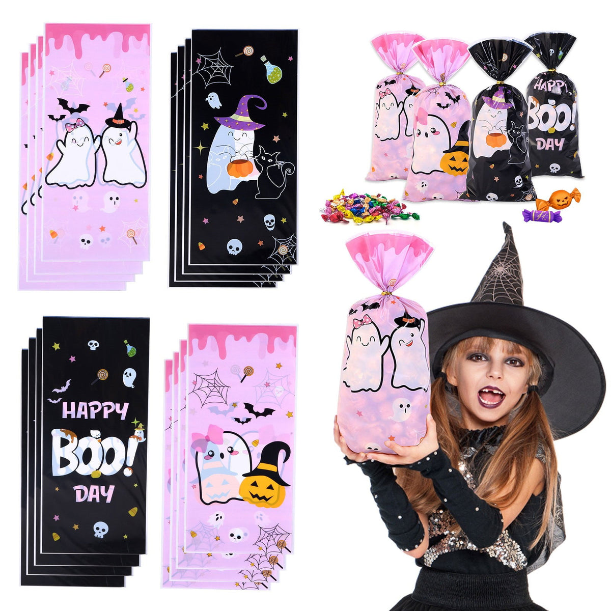 Halloween Cute Ghost Paper Gift Bags with Handles,Trick or Treat Candy Bags for Pumpkin Candy Goodie Present Bags, Festive Halloween Party Favor Bags Gift Holders for Gifts Treats(A)