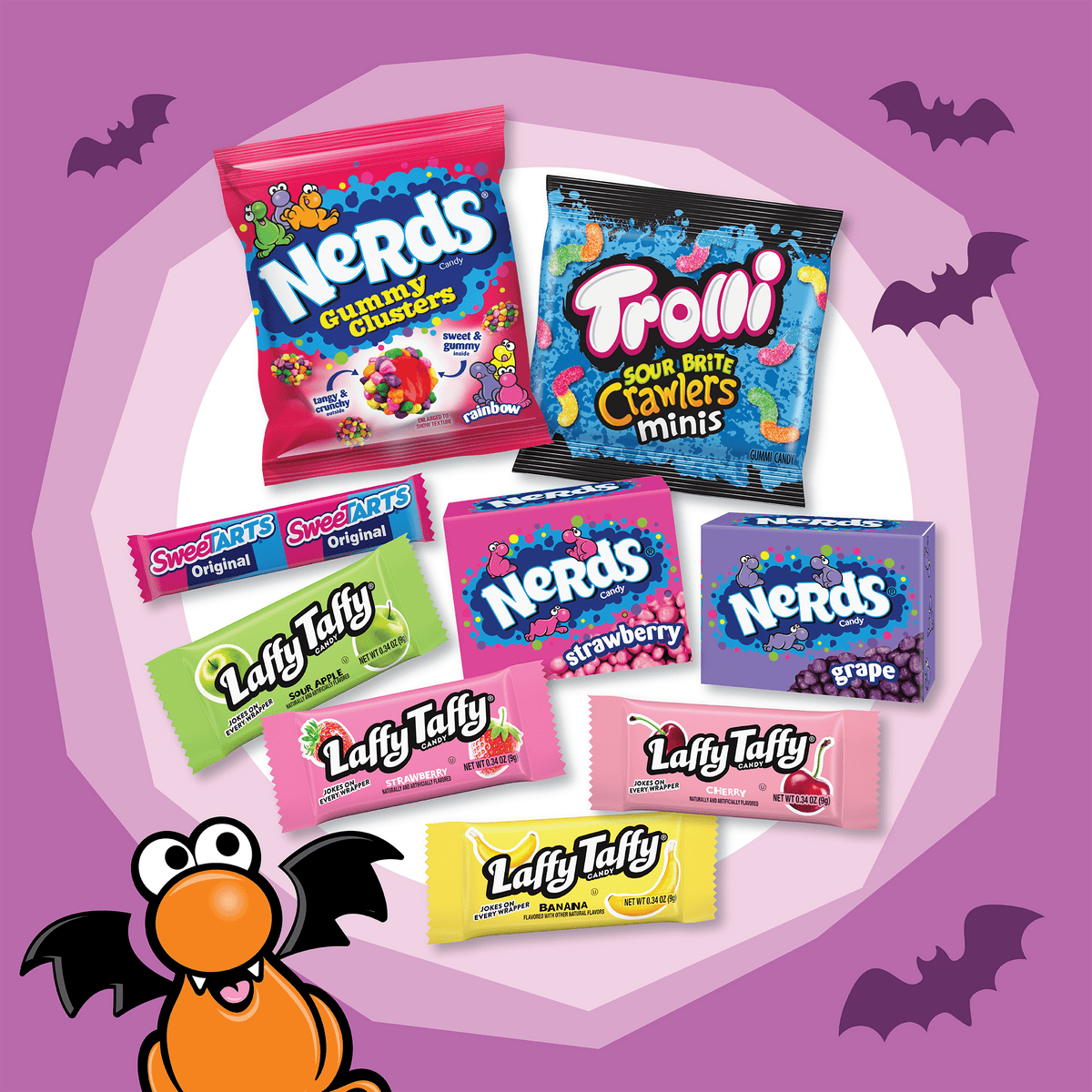 Nerds Core Winners Halloween Trick-or-Treat Variety Bag, NERDS Gummy Clusters, SweeTARTS, Trolli, Laffy Taffy, and NERDS Original, 60 Pieces, 20.58 Ounces