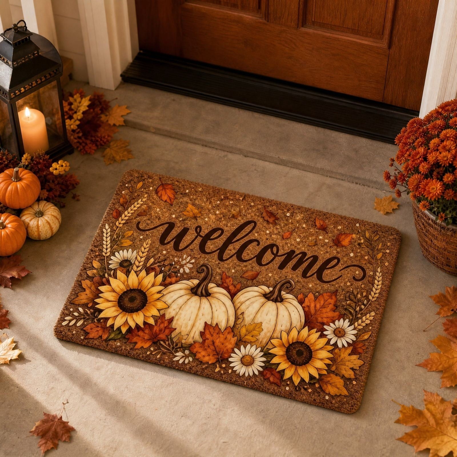 syligr Halloween Thanksgiving Doormat with Maple Leaf & Pumpkin Patterns - Non-Slip Floor Mat for Entryway, Kitchen, Porch, Fall Harvest Decor Rug with Anti-Fatigue Backing, Gift for Thanksgiving