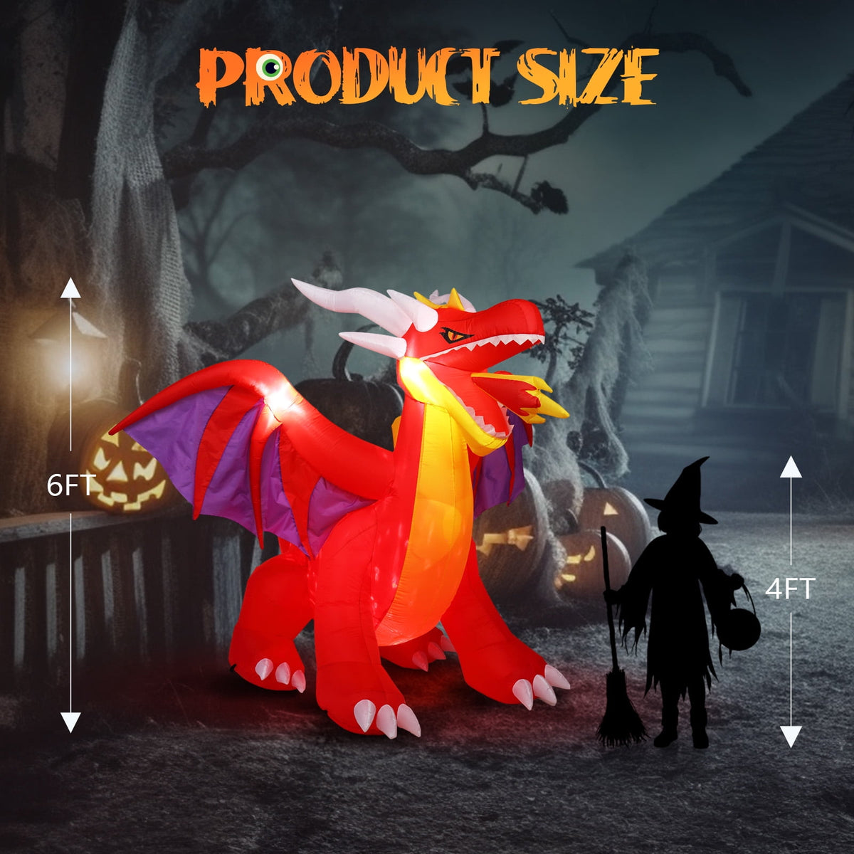 Zimtown 6FT Halloween Inflatables Fire Dragon Outdoor Halloween Decoration Built-in LED Lights